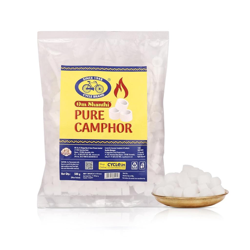 Cycle Pure Om Shanthi Round Tablet Camphor Pouch 500g Pack of 1 | Pure Natural Camphor for Pujas & Home Freshness