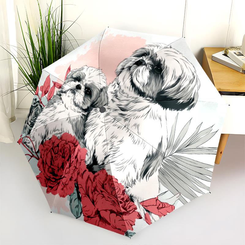 Shih Tzu and Flowers Pattern, Automatic Folding Umbrella, Portable and Foldable Design, 8 Ribs, a Christmas or Birthday Gift.