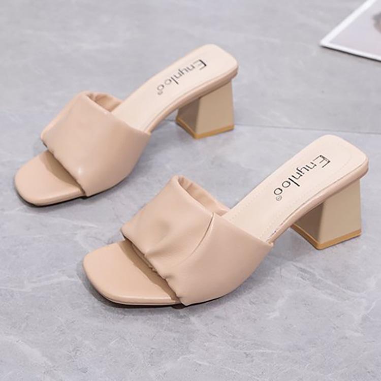Women's Summer Clip On High Thick Heel Slippers Casual Square Toe Solid Color Outerwear Sandals 5.5cm 35-42