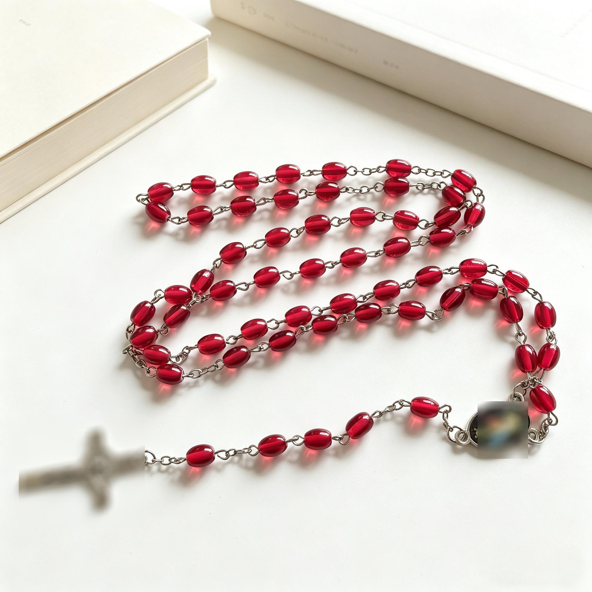 Glass Bead Cross Pendant Necklace: 59 Bead Unisex Sweater Chain Accessory Electroplated