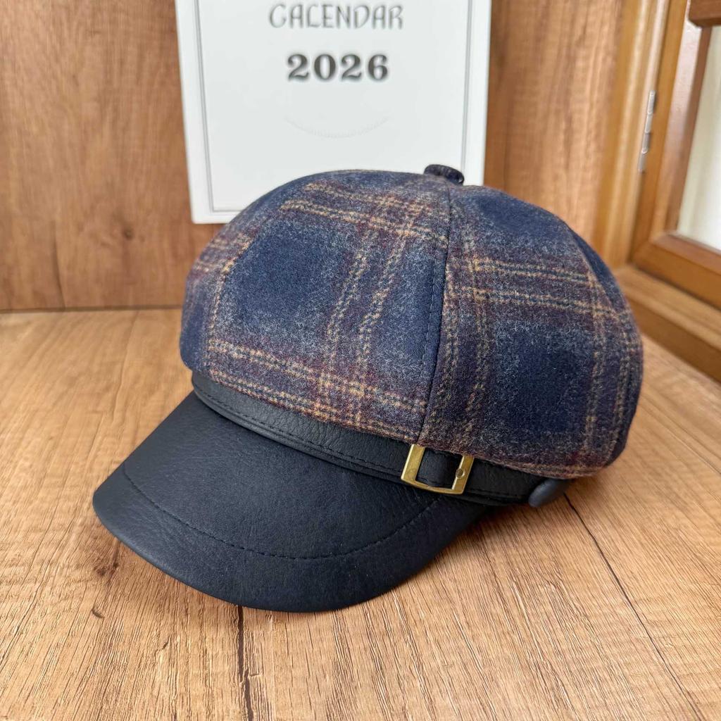 French retro plaid woolen octagonal hat women's autumn and winter leather brim newsboy hat shows a small face, daily matching hat