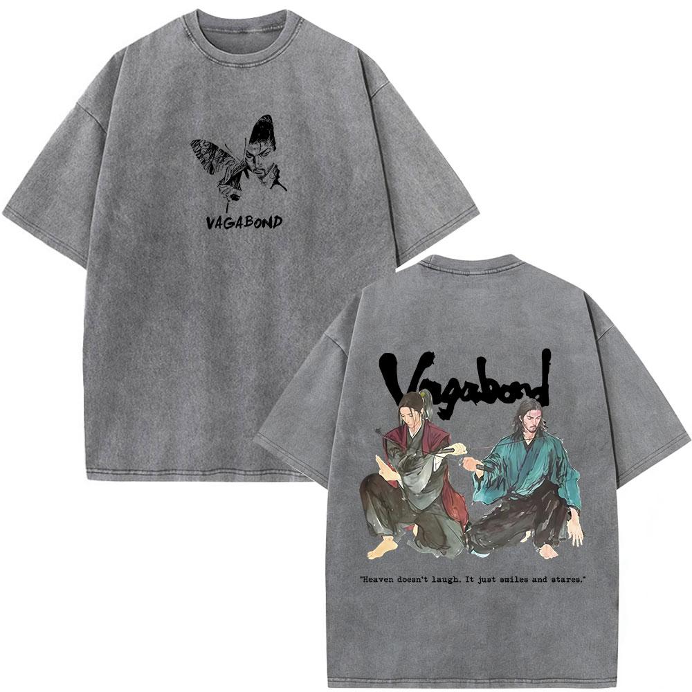 Anime Vagabond Miyamoto Musashi Vintage Washed Tshirts Men Women Clothing Fashion Casual Short Sleeve Oversized ONeck T Shirts