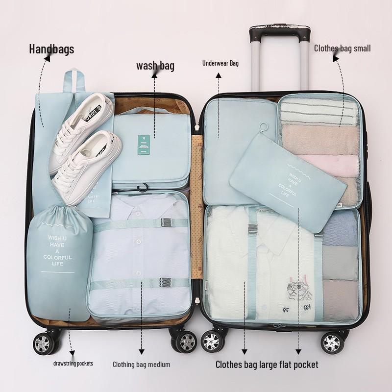 Eight-Piece Travel Organizer Set: Storage Bags & Makeup Bag for Clothes and Accessories.