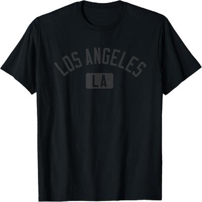 Los Angeles LA Bogenförmiger Text Distressed Schwarzer Print T-Shirt