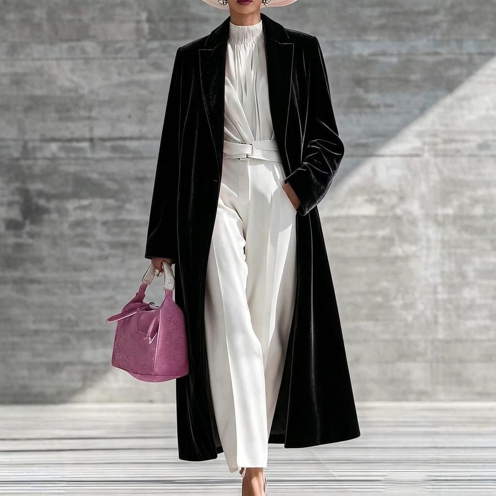 Autunno e Inverno, Popolare Cappotto Lungo in Velluto Dorato da Donna Giacca in Velluto con Revers High-End Sopra il Ginocchio