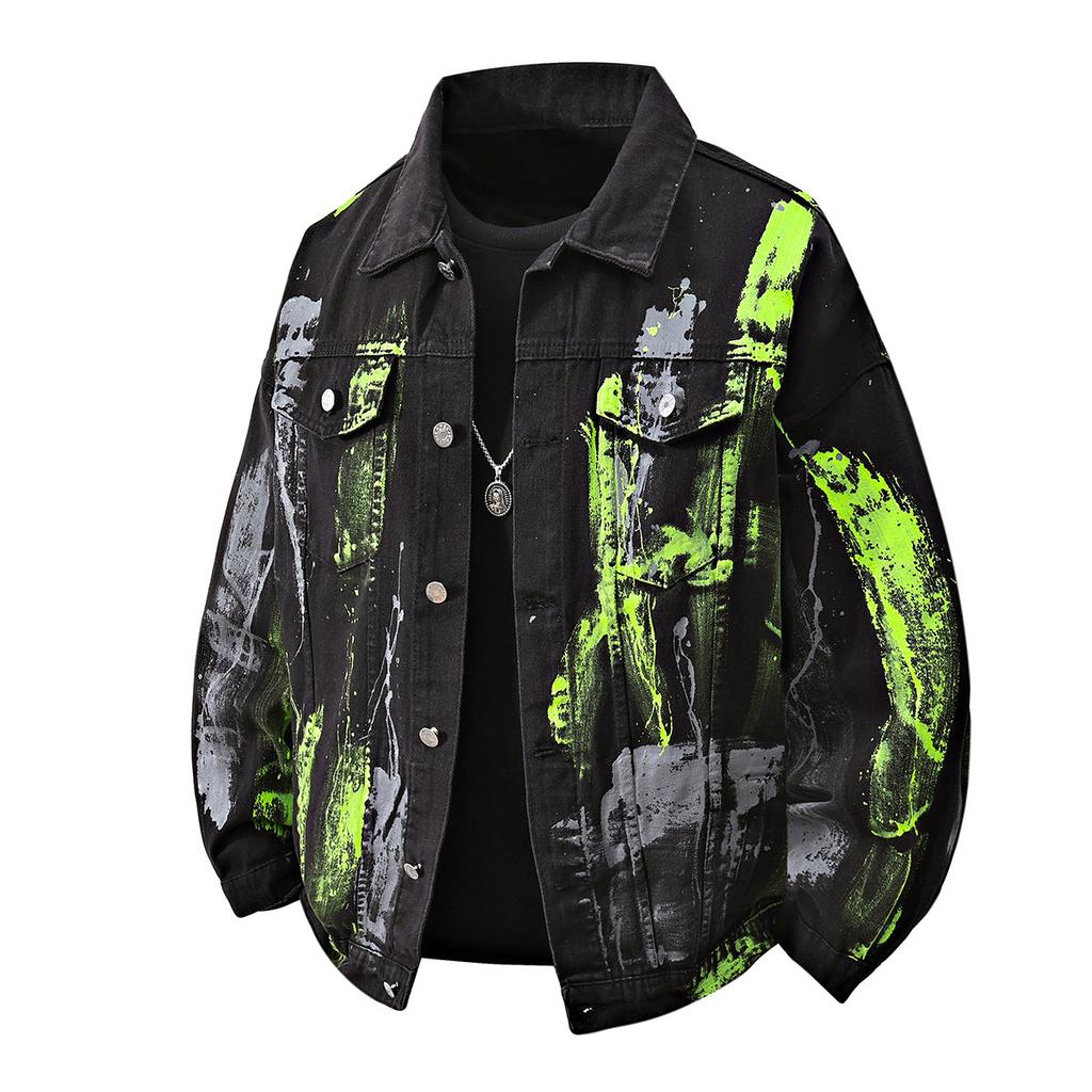 Vestes en Jean pour Homme Manteau en Jean Peint pour Homme Vestes Tendance Hip Hop Blanc pour Homme Veste Hip Hop Noire pour Homme Vêtements d'Extérieur Oversize