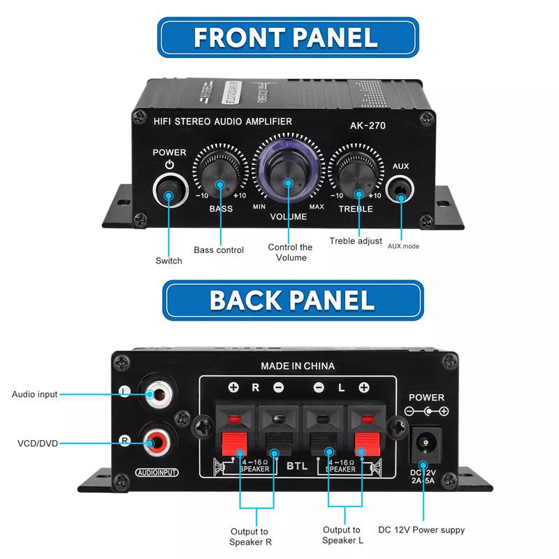 Mini Audio 2-Channel Stereo Power Amplifier Portable Sound Amplifier Aux Input Speaker Amp For Car And Home Ak270
