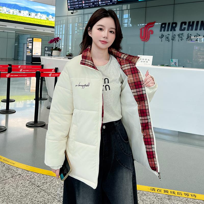 

New Winter Stand-up Collar Striped Cotton Jacket Korean Version Loose and Simple Cotton Jacket Women s Jacket M белый