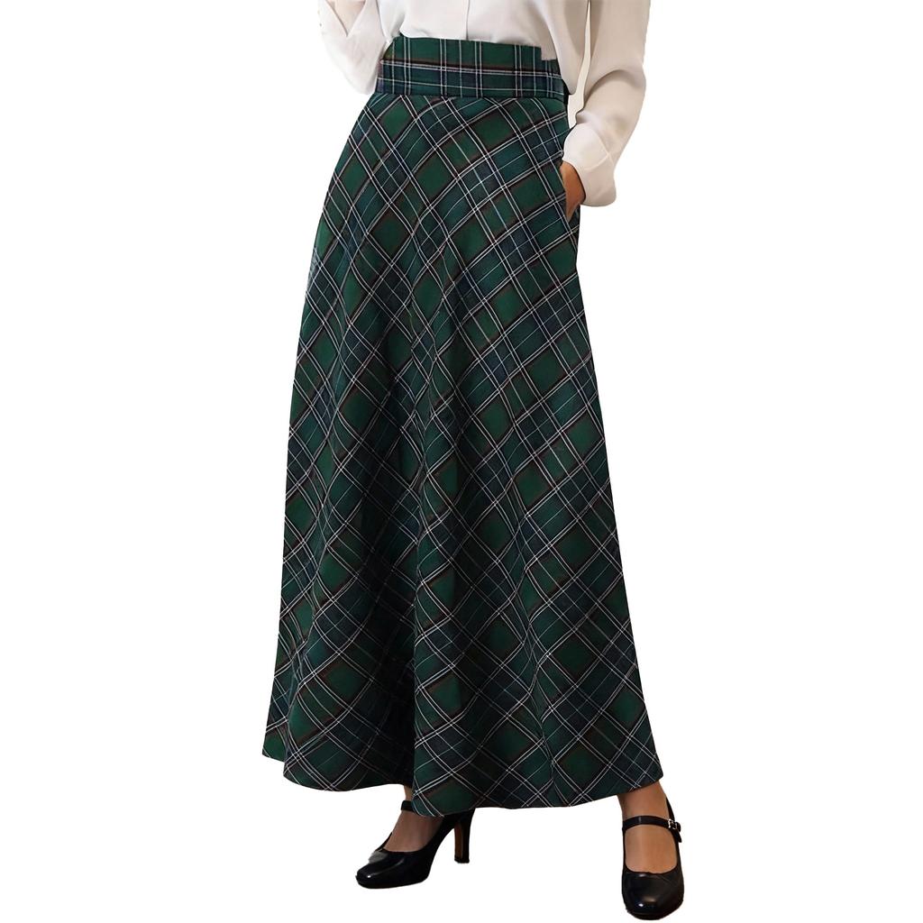 Damen Retro Karomuster Maxi-Rock, Hoher Bund, Modischer Lässiger A-Linien Faltenrock Karomuster Bodenlang