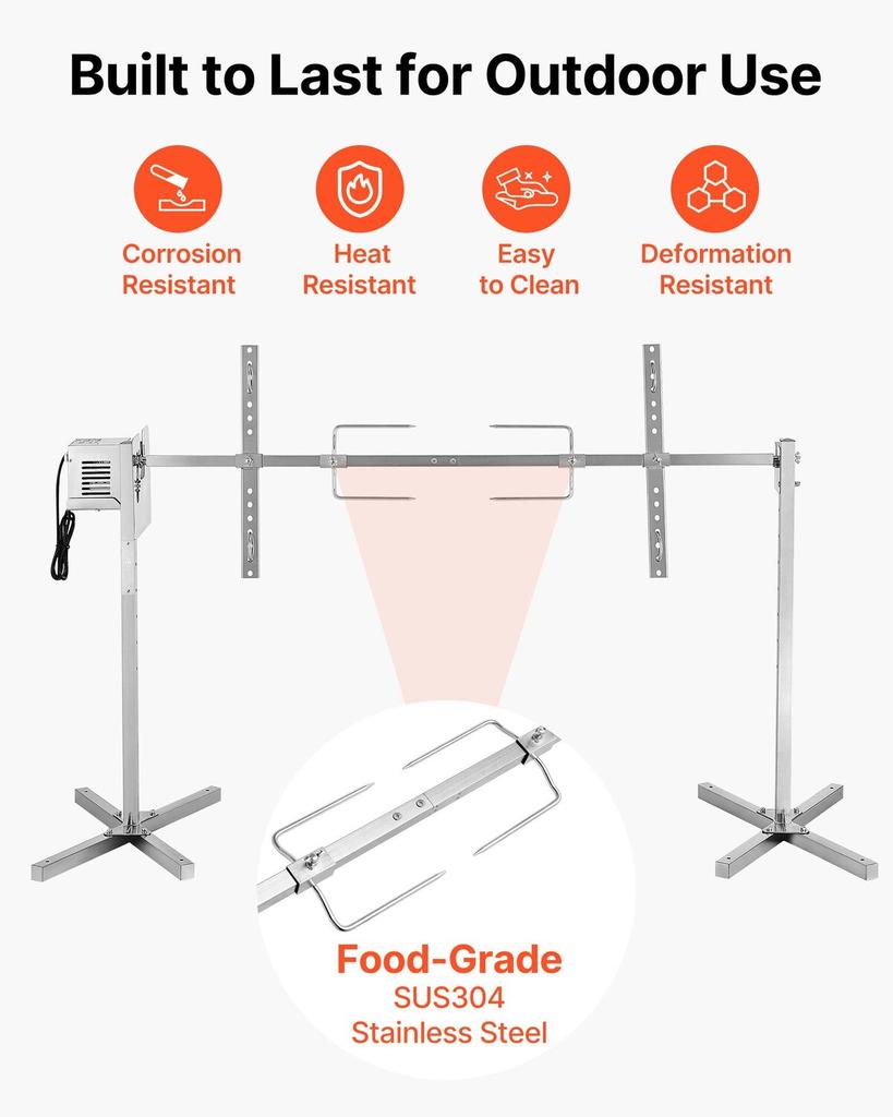 Rotisserie Grill, AC220-240V 8 Level Height Electric Rotisserie Grill Kit, BBQ Grills Rotisseries Kit with 60 kg Load Capacity, 38W Motor, Stainless