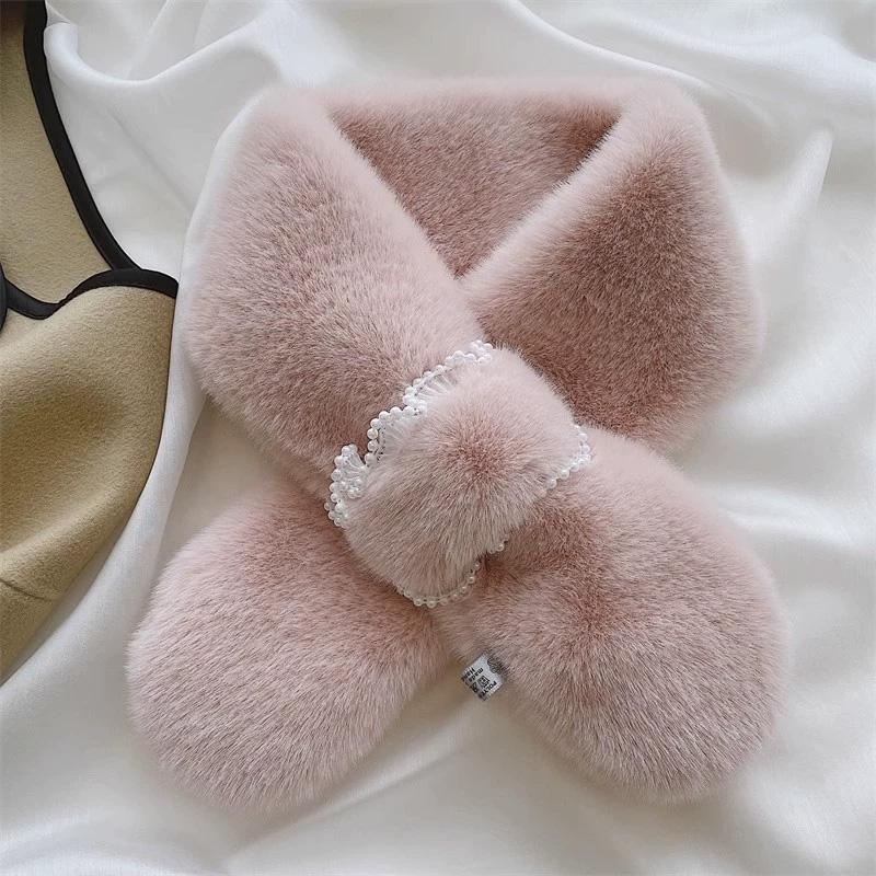 1Pc Plush Soft Scarf Warm Fur Collar Wind-resistant Clothing Accessories Skin-friendly Lace Pearl