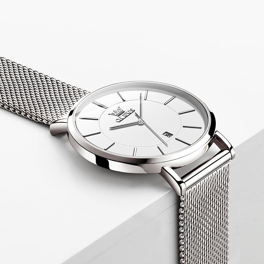 OLEVS Women's Minimalist Casual Watch Leather Band Waterproof Analog Quartz with Date Calendar Silver Mesh Strap