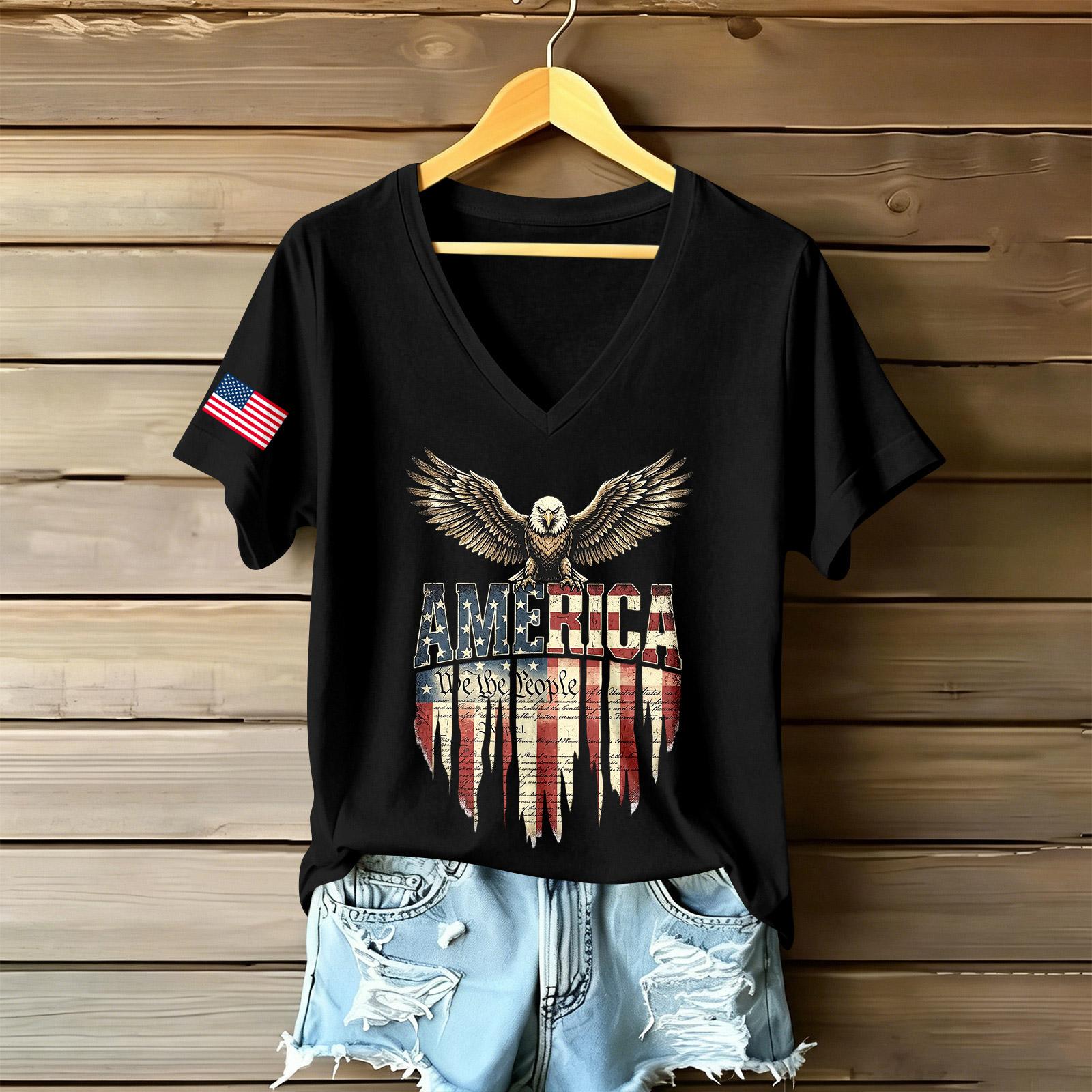 

Women s Casual V Neck Short Sleeve T Shirt with American Flag Eagle Graphic Print Lightweight Soft Fabric Comfortable Fit L чёрный