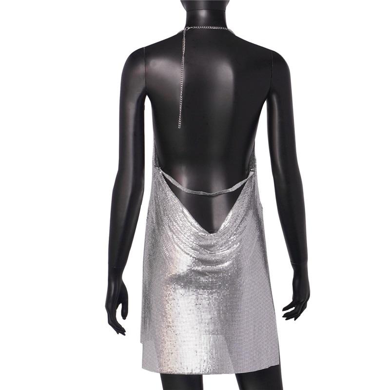 Women Nightclub Backless Metallic Sequin Spaghetti Strap V Neck Halter Split Dress Elegant Party Dress For Evening Wear