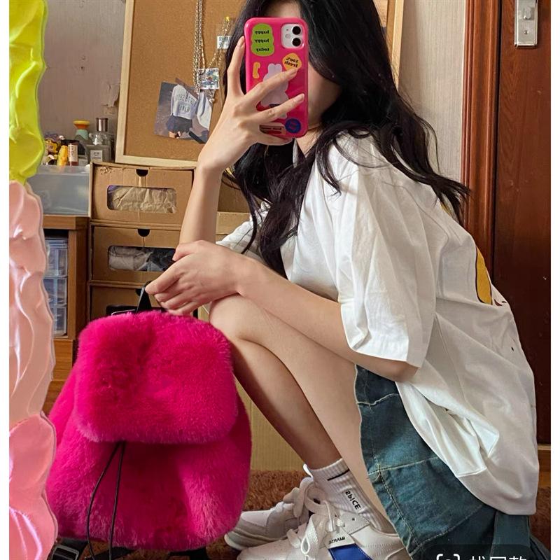 Nowy Pluszowy Plecak Imitacja Króliczego Futra Plecak Studentka Duża Pojemność Sznurek Panterka Jednolity Kolor Wszechstronna Torba Damska