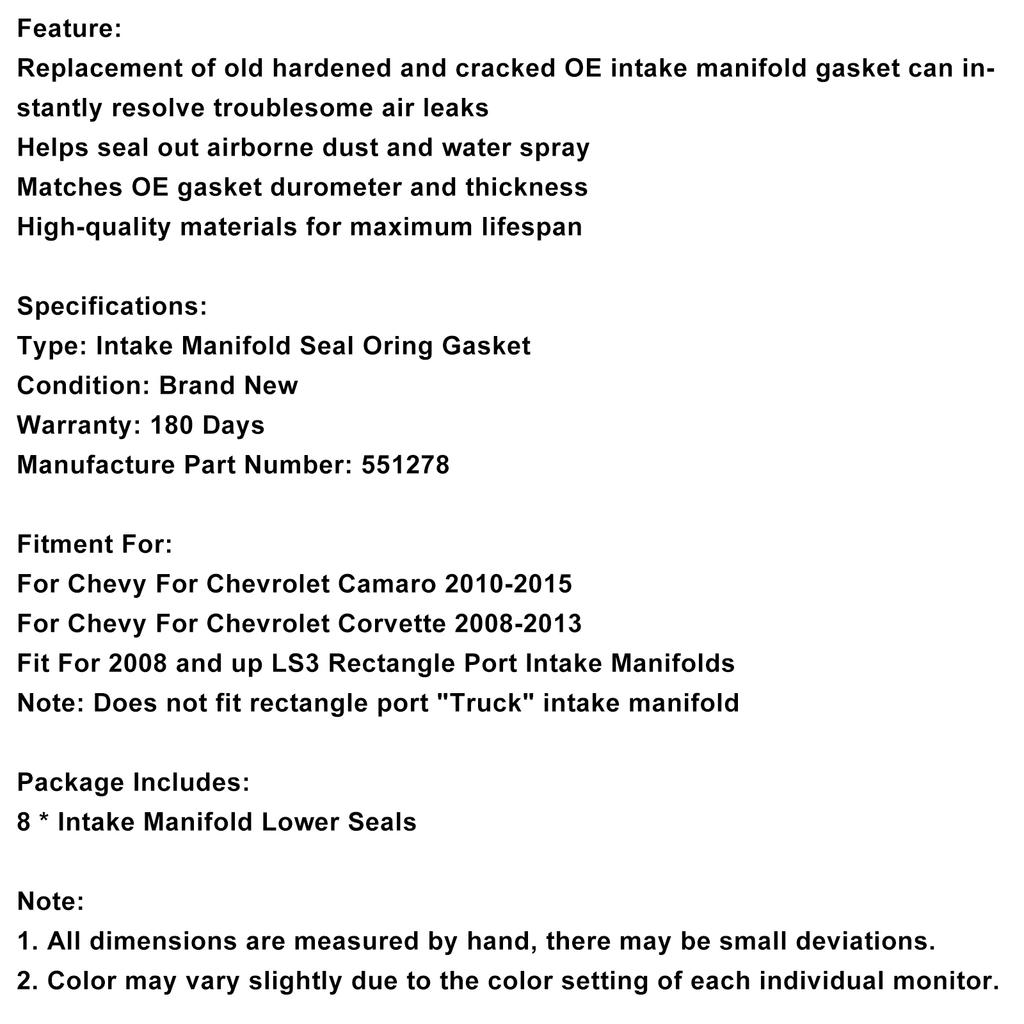 LS3 Ansaugkrümmer Dichtung O-Ring Dichtungssatz 551278 Passend für Chevy Camaro 2010-2015