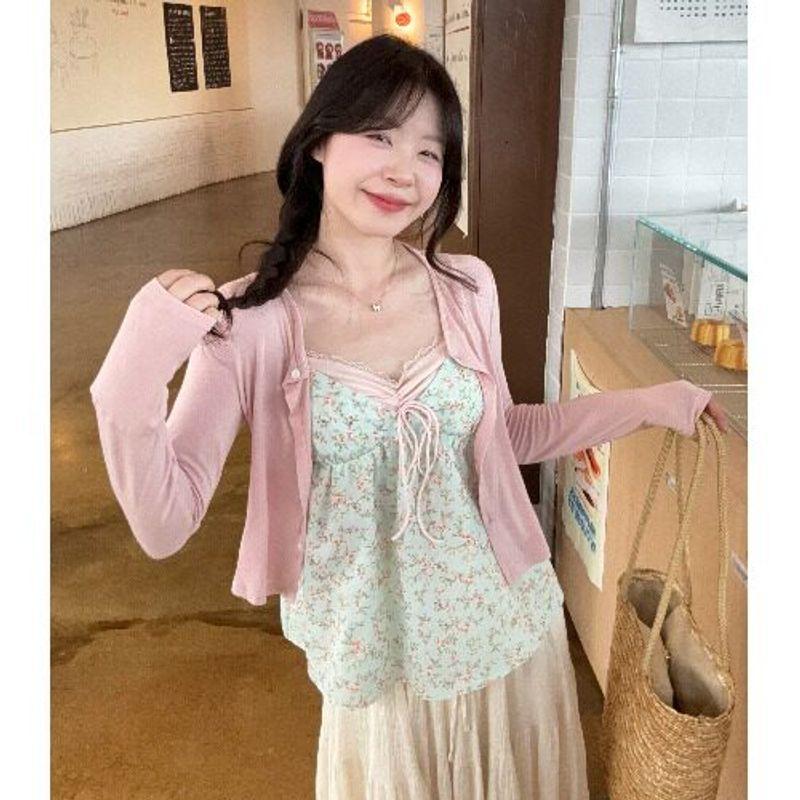 

Plus-Size Lace-Trimmed Floral V-Neck Camisole and Sweet Slimming Sun-Protective Cardigan Two-Piece Set for Women Pink Cardigan L