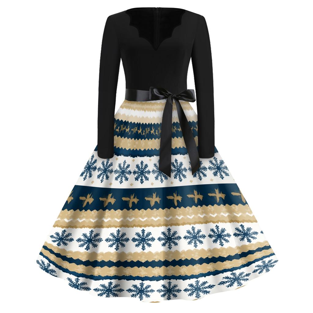 Women's Vintage Christmas Print V-Neck Long Sleeve Casual Dress