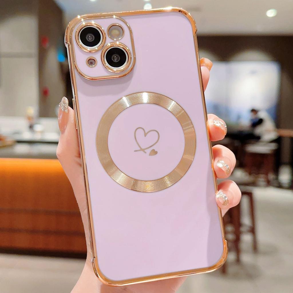 For iPhone 15 Case Compatible with MagSafe Electroplated TPU Phone Cover Hollow Love Hearts