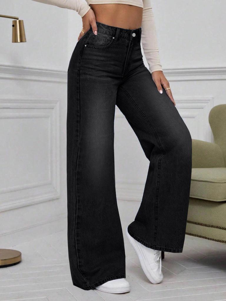 Women's Washed Black Denim Wide-Leg Jeans - Trendy, Loose, Straight, Casual Fashion