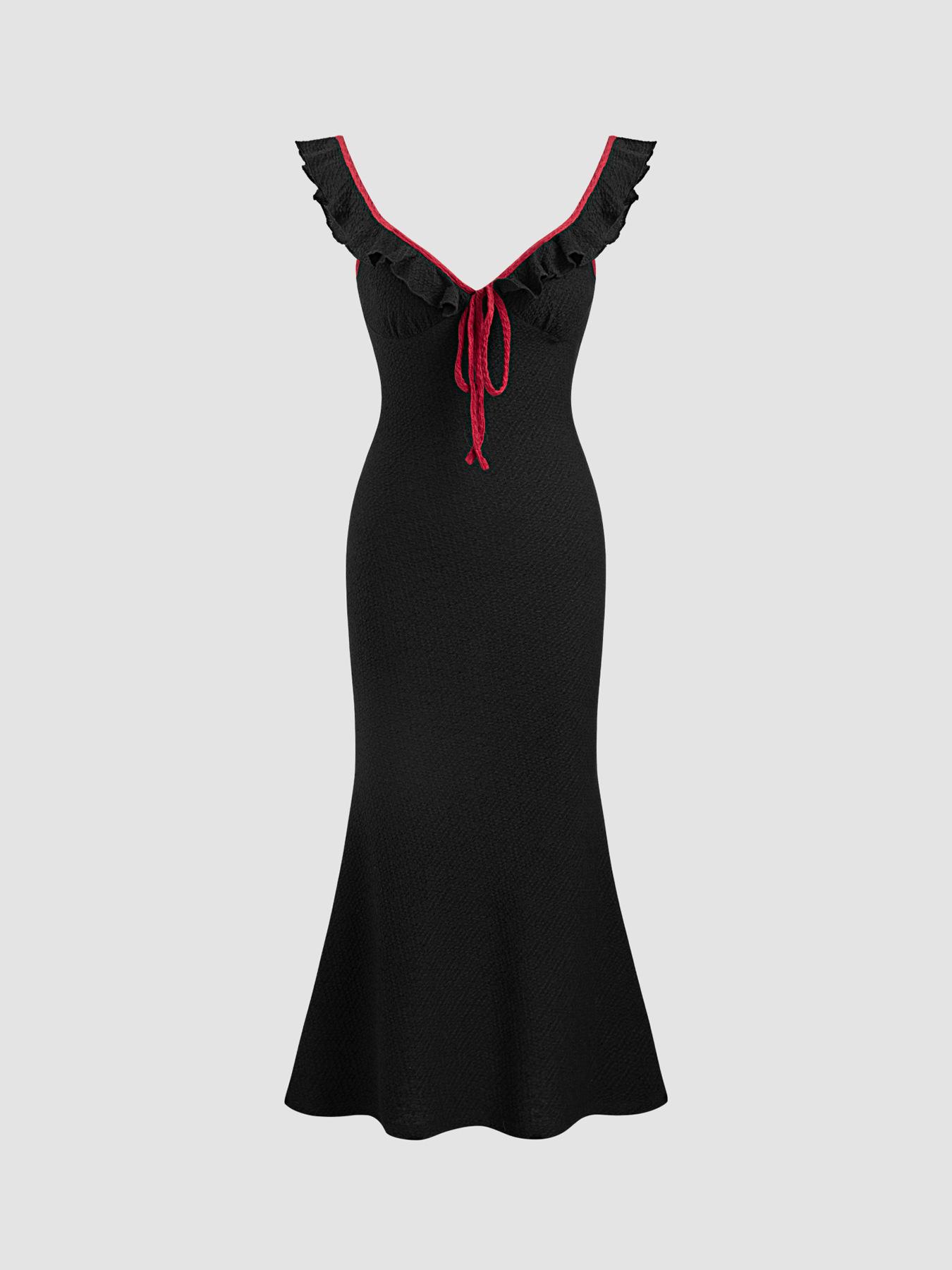 European and American women s clothing women s knitted dress with ruffle edge strap solid color fishtail pendulum dress S