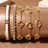 Gold-Plated Stainless Steel Four-Leaf Clover & Heart Rhinestone Bangle Bracelet