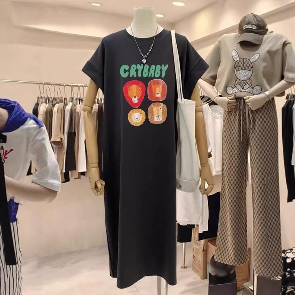 T-shirt Dress, Short-sleeved, Large Size, Loose and Casual, Large Size, Covering The Stomach, Long Dress