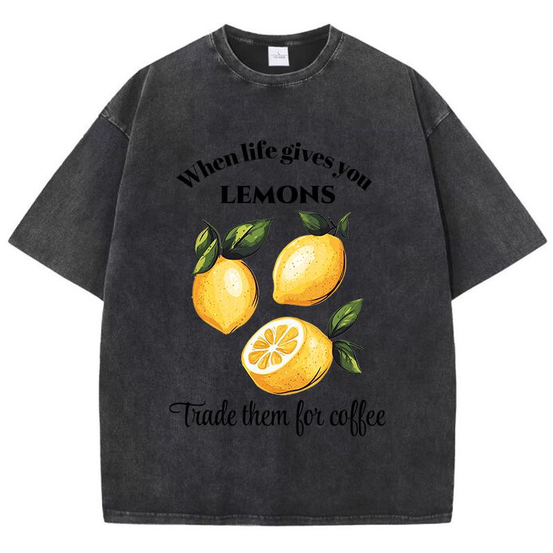 When Life Gives You Lemons Print Washed T Shirt Women Cotton Streetwear Distressed ONeck Comfortable Tops Summer Womans Clothes