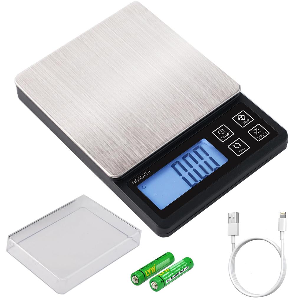 BOMATA Digital Kitchen 1kg Max USB Tare Counting Stainless for and B604 Scale, 0.01g Increments, Capacity, Rechargeable, Compact, Function, Function,