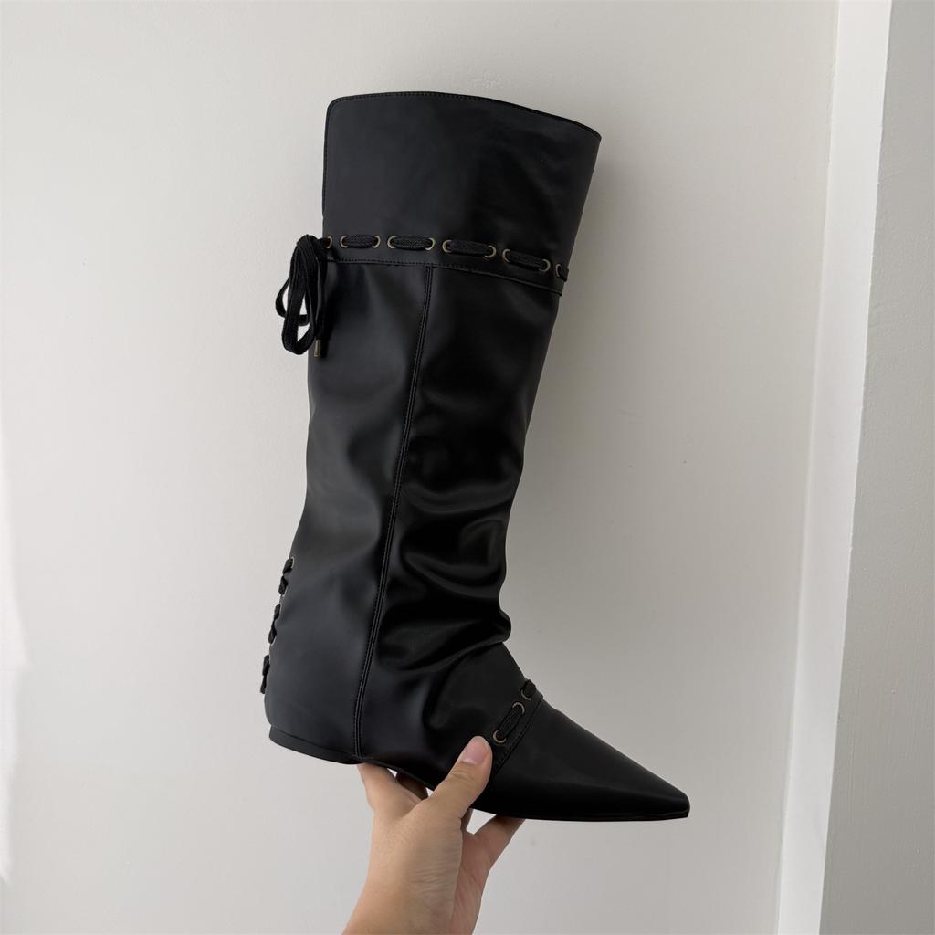 Inner Height Increase Pointed Suede Pile Long Boots Women's Shoes 2025 New Autumn and Winter Thin Medium Tube Knight Boots