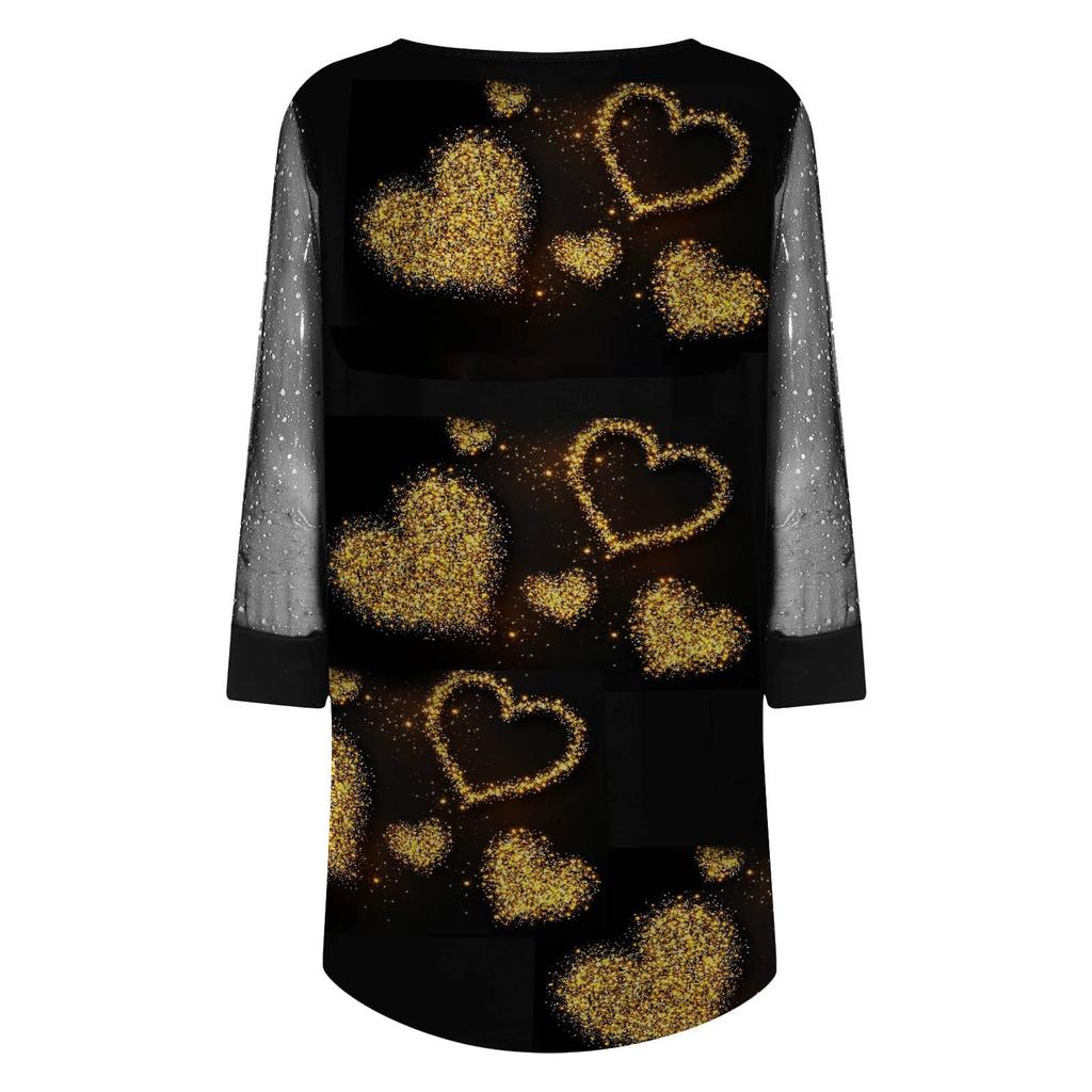 Women's Fashion Casual Long-sleeve V-neck Sexy Mesh Printing Stitching Dress