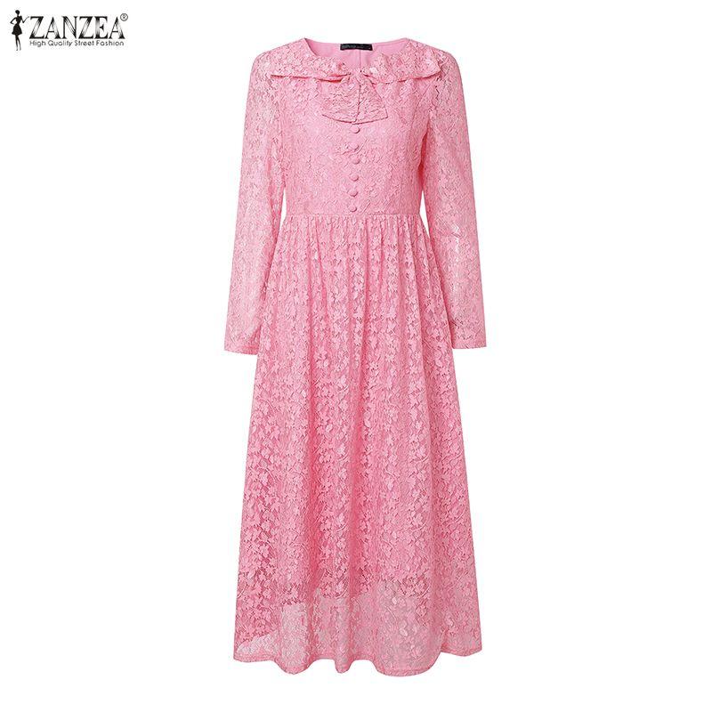 ZANZEA Women Round Neck Long Sleeve Elegant Lace Dress