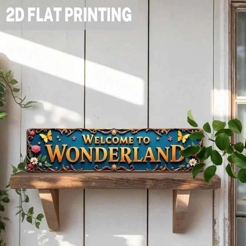 Vintage Welcome to Wonderland Metal Sign Floral Butterfly Design Blue Yellow Romantic Wall Decor for Home