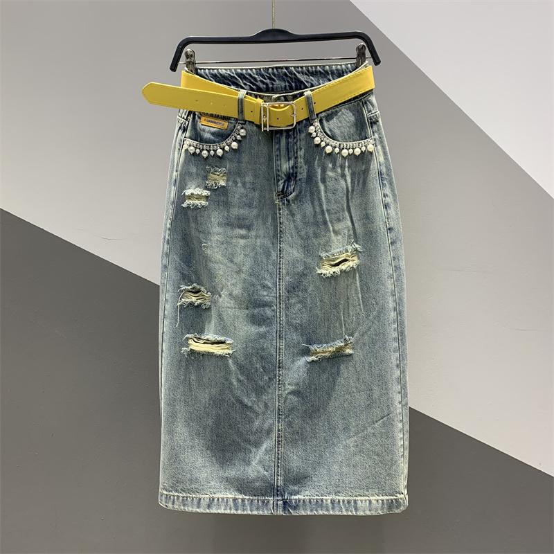 European Station Spring and Summer New Personalized Pocket Beaded Bust Denim Skirt Women s Versatile Retro Ripped Buttocks Medium and Long Skirt s 49kg
