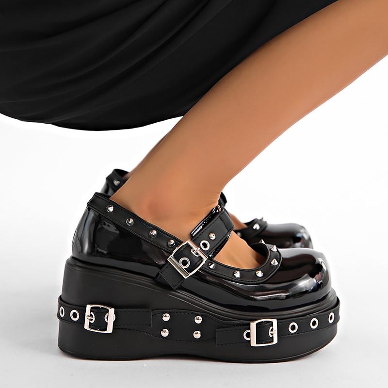 Fashion Punk Platform Mary Jane Shoe for Women Black Patent Leather Wedge Heel Loafers Woman Thick Sole Rivet Buckle Gothic Lolita Shoes