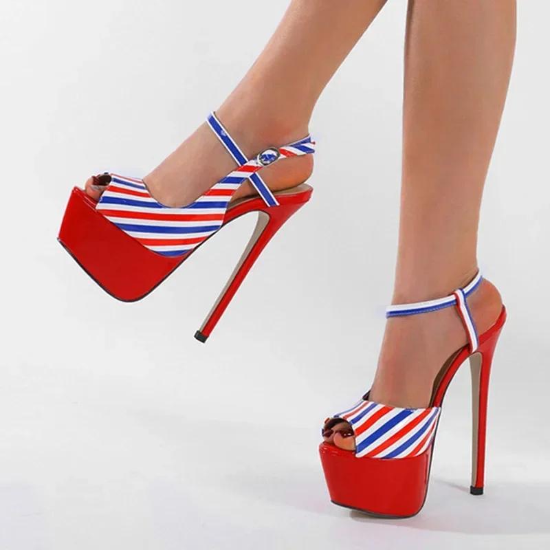 Fashion New Designer Summer Striped Ankle Strap Platform Sandals Women Sexy 16CM Fetish High Heels Wedding Banquet Shoes Stilettos Heels