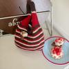 Color-Block Knitted Wrist Bag Japanese Style Wool Bucket Bag Little Mushroom Handbag  Shopping Bag