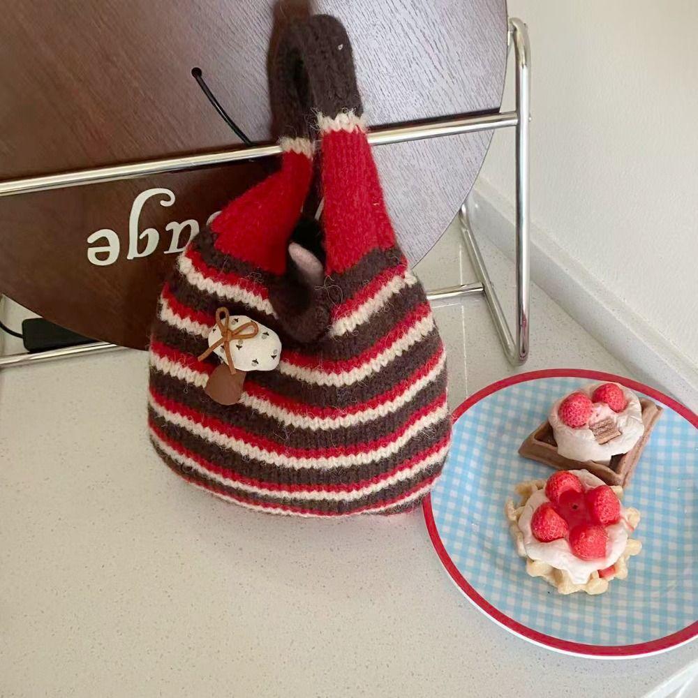 Color-Block Knitted Wrist Bag Japanese Style Wool Bucket Bag Little Mushroom Handbag  Shopping Bag