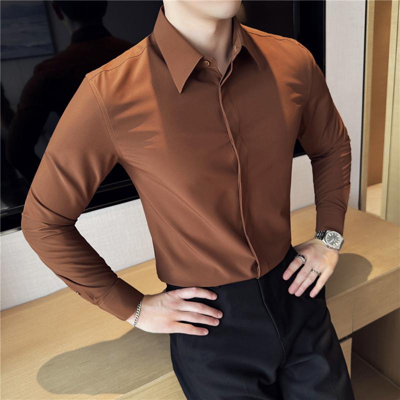 

High Quality Invisible Button Up Stand Up Collar Shirt 2026 New Men Long Sleeve Slim Fit Casual Social Business Prom Shirts M кофейный