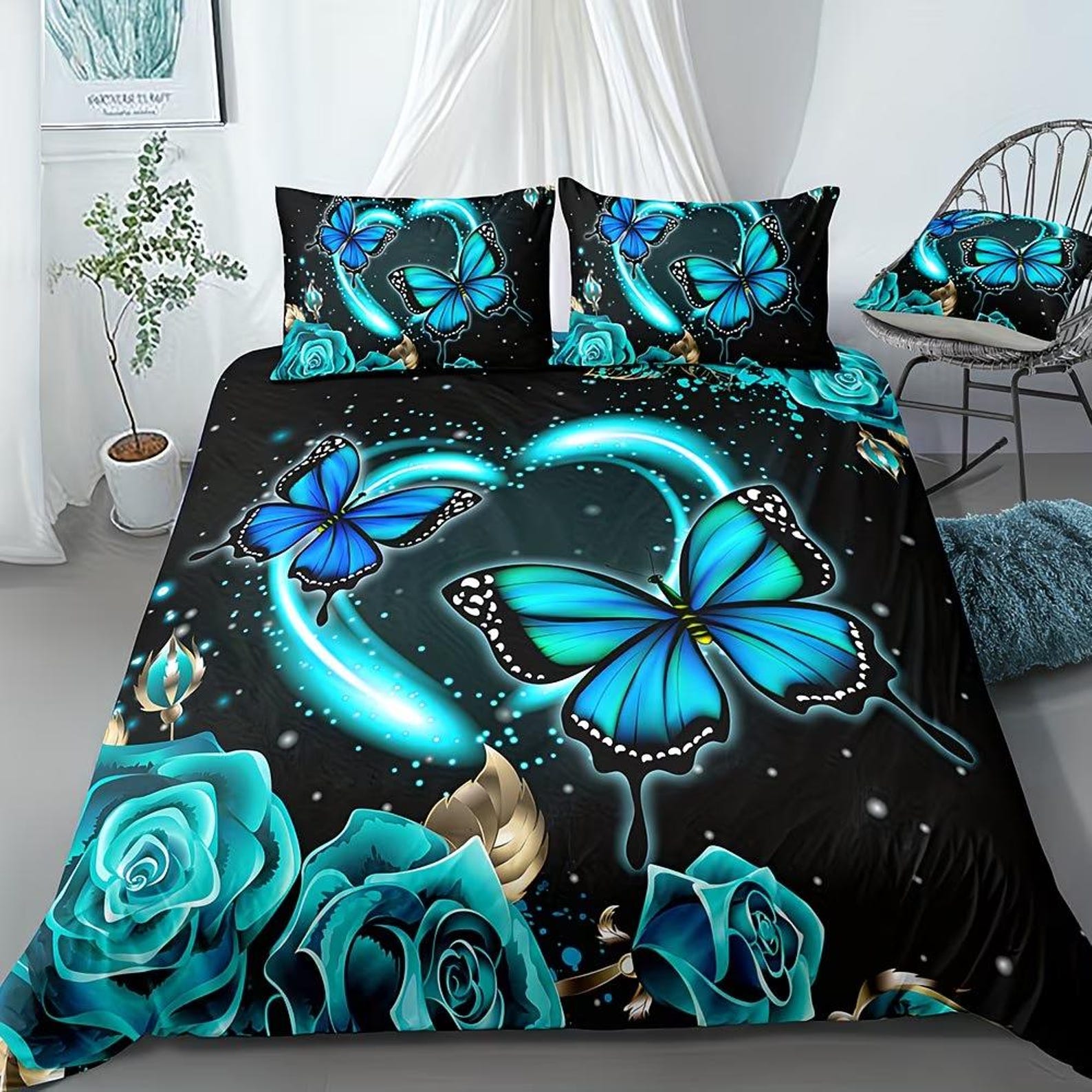 Butterfly Rose Floral 3pcs Duvet Cover Set, Butterfly Rose Floral Duvet Cover Set Unfilled, Duvet Cover Set Twin/Full/Queen/King 200x200cm