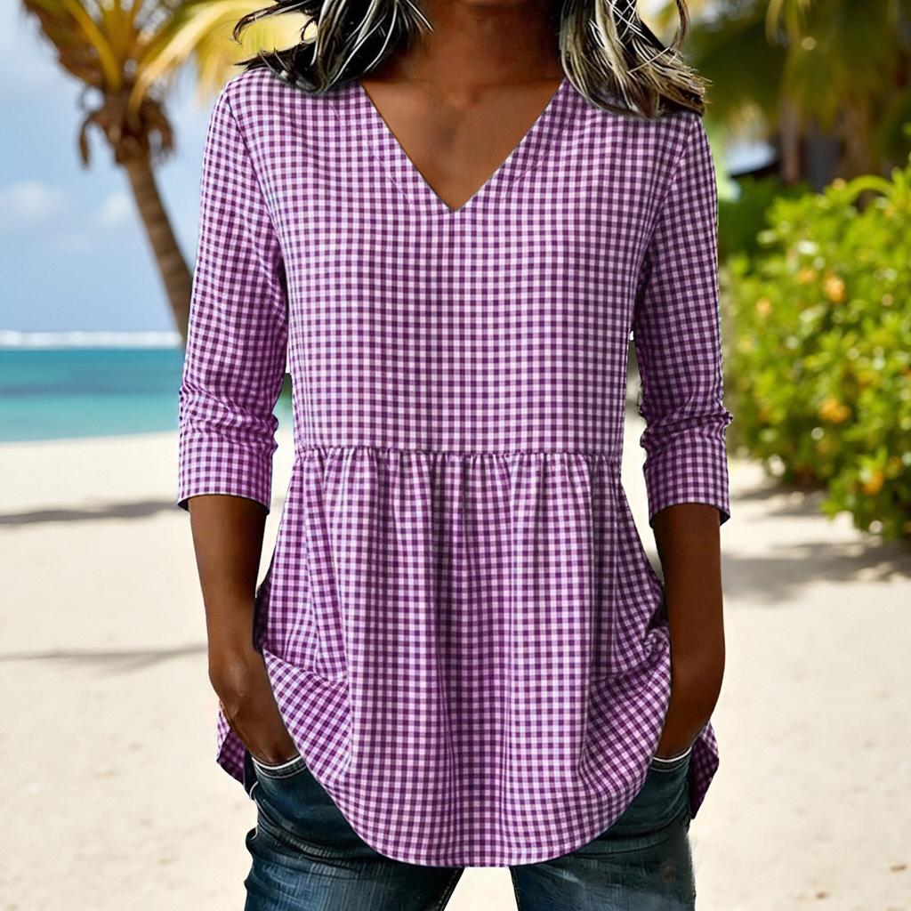 Women Loose Fit Casual Cotton Linen V Neck Plaid Three Quarter Sleeve Top Blouse Tunic Shirt for Everyday Wear