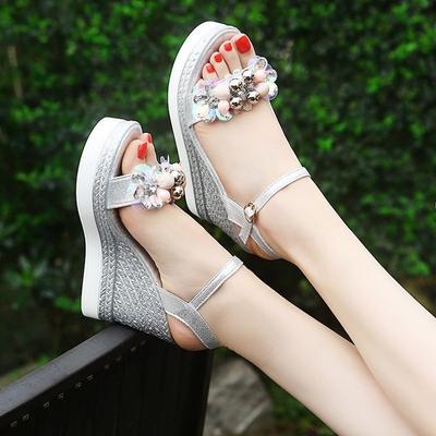 Luxury Slope Heel Fashion Sandals for Women 2024 New Summer Korean Version Rhinestone High Heel Casual Women's Sandals