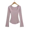 Koreanischer Stil Schlank geschnittenes Quadratischer Ausschnitt Glockenärmel Damen T-Shirt, Elegant Nische, Tailliert, Sexy Schlankmachendes Basisschicht Top