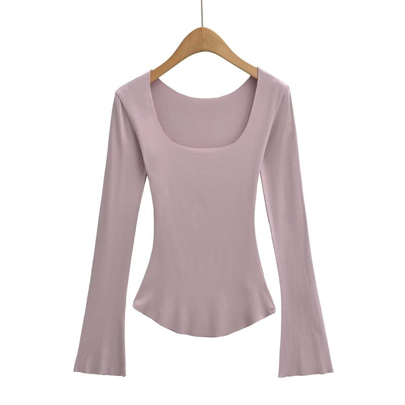 Koreanischer Stil Schlank geschnittenes Quadratischer Ausschnitt Glockenärmel Damen T-Shirt, Elegant Nische, Tailliert, Sexy Schlankmachendes Basisschicht Top