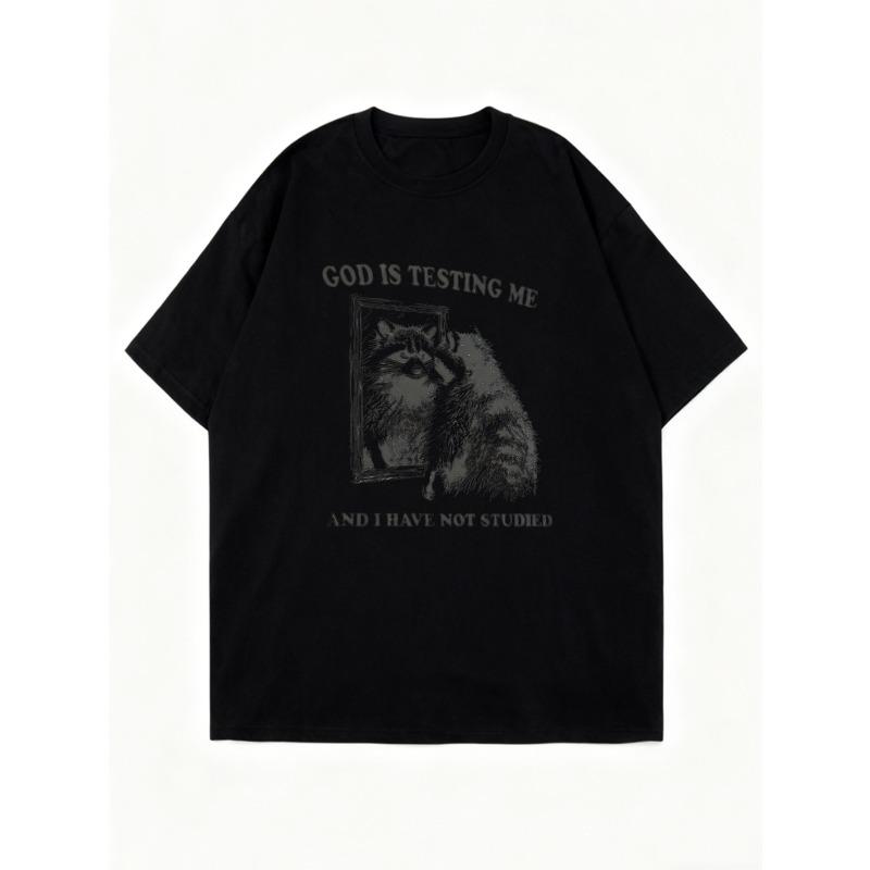 Oversized T Shirt Black Cat And Text Graphic Print For Casual Wear
