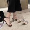 One-word buckle rhinestone women's fashion sandals open-toe tide 2025 summer new versatile fairy style high heels stiletto