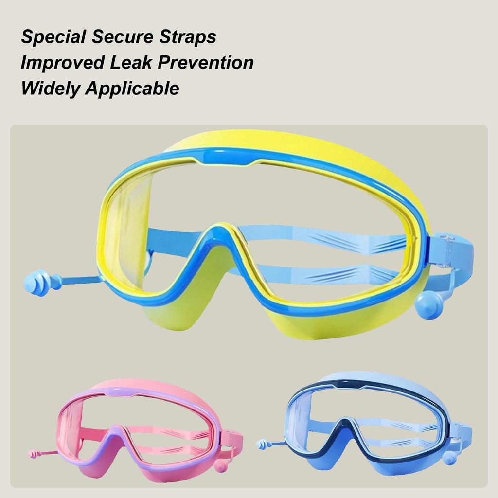 Schwimmbrille für draußen, großes Gestell, wasserdicht, beschlagfrei, UV-Schutz, mit Ohrschützern für 3-15 Jahre