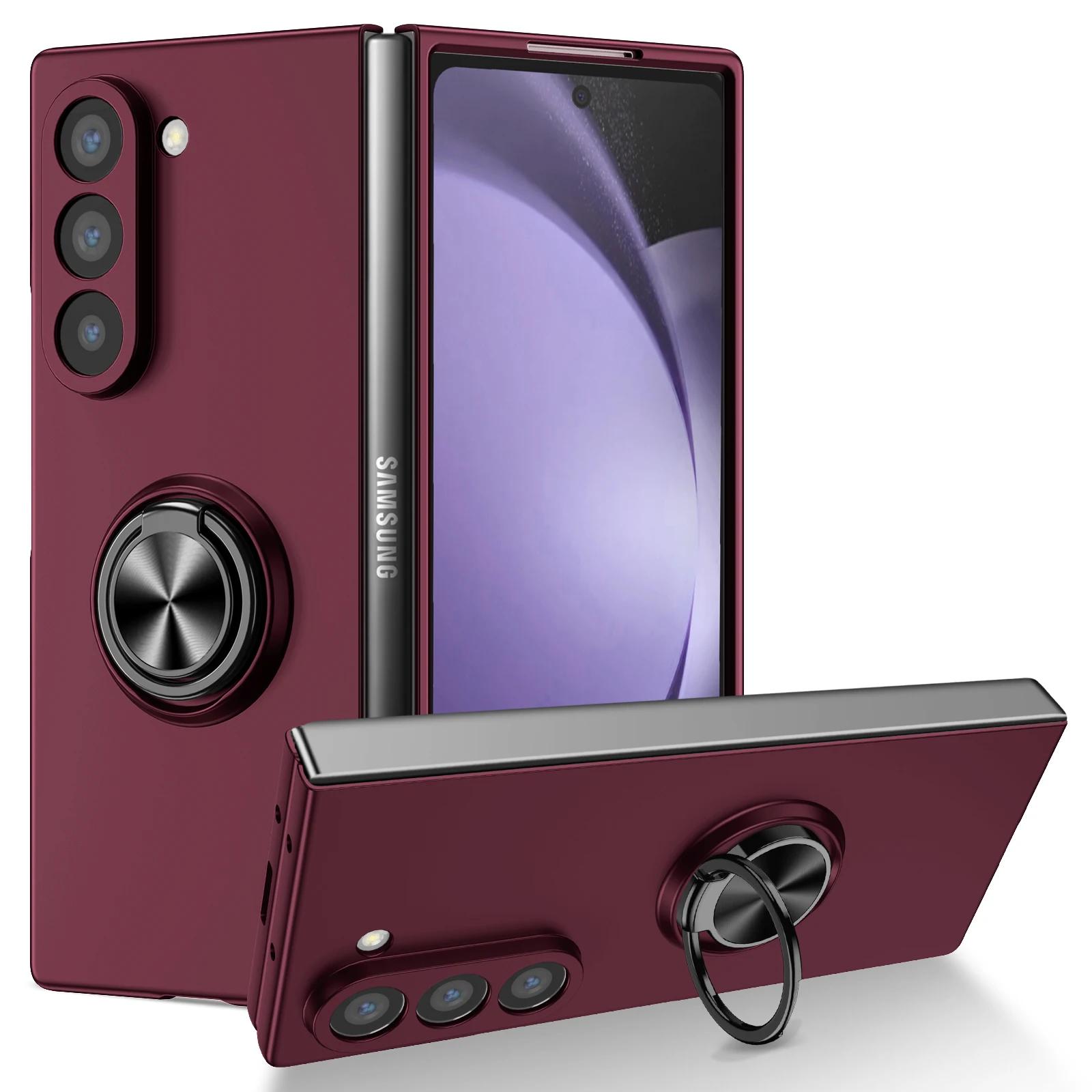

Пластиковый чехол для телефона с магнитным кольцом для Samsung Galaxy Z Fold 6 5 4 3 Fold6 Fold5 Fold4 Fold3 5G 5G с защитной крышкой на петлях For Galaxy Z Fold6 вино красного