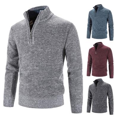 Casaco suéter masculino com meio zíper, malha elástica, mangas compridas, gola alta, roupa externa