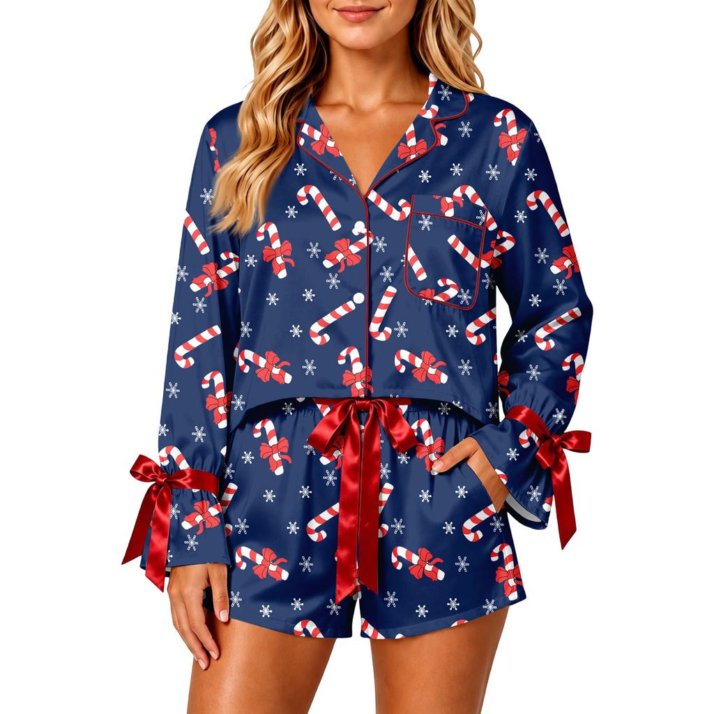 Women's Christmas Pajama Set with Button-Down Shirt and Shorts for Holiday Sleepwear